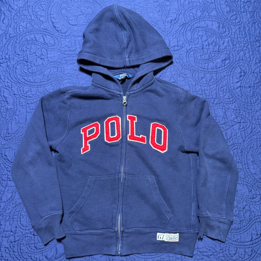Polo Ralph Lauren Navy Blue Full Zip Hoodie Varsity Logo Kids S 8 Distressed